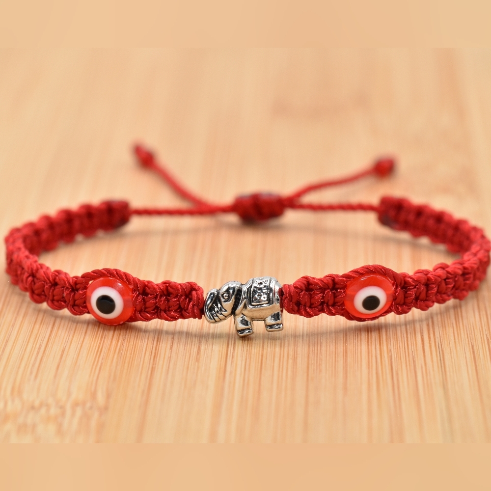 Red evil eye amulet bracelet, good luck elephant wristband, elephant charm